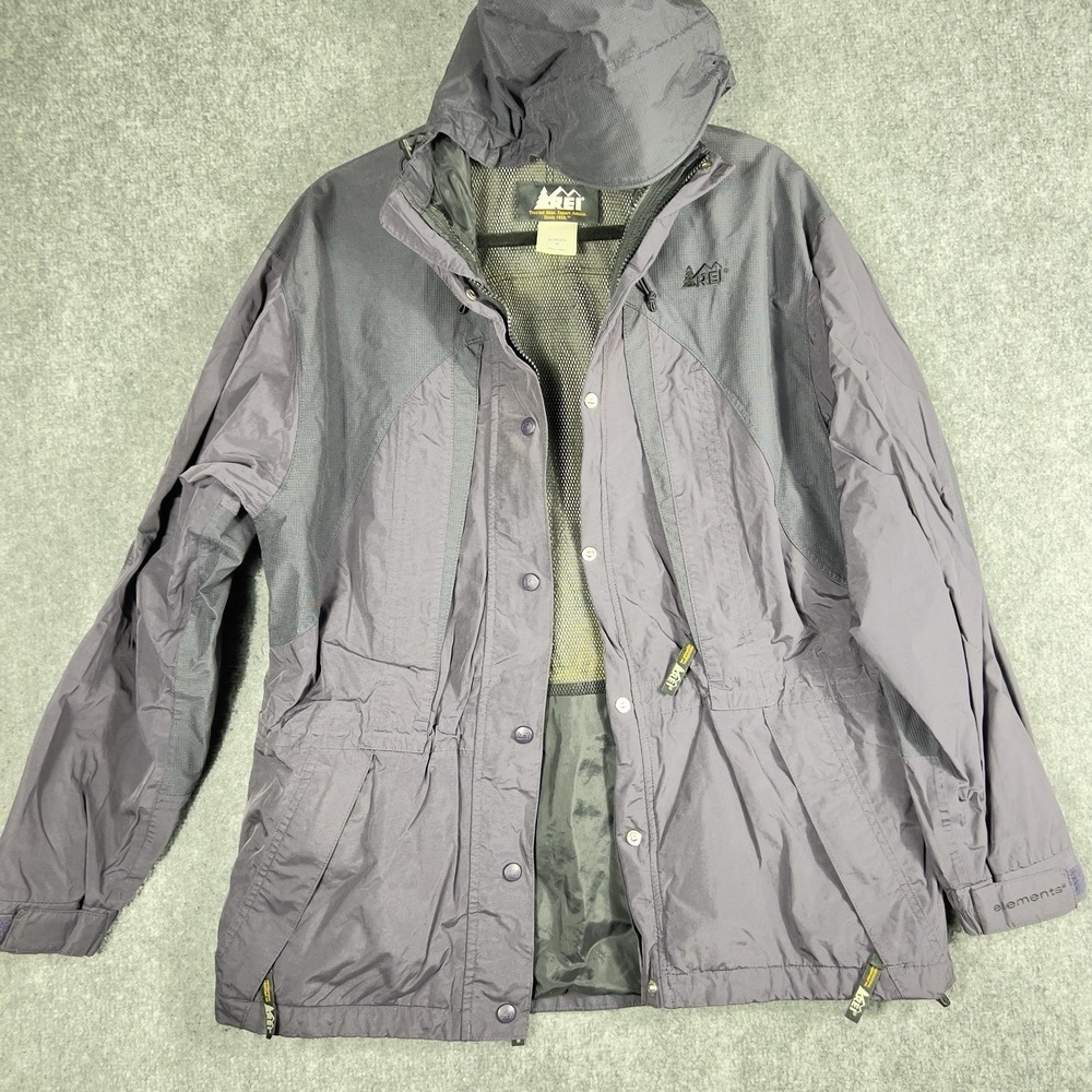 REI Elements Waterproof Hooded Jacket Women's Medium Gray Hiking Rain Coat